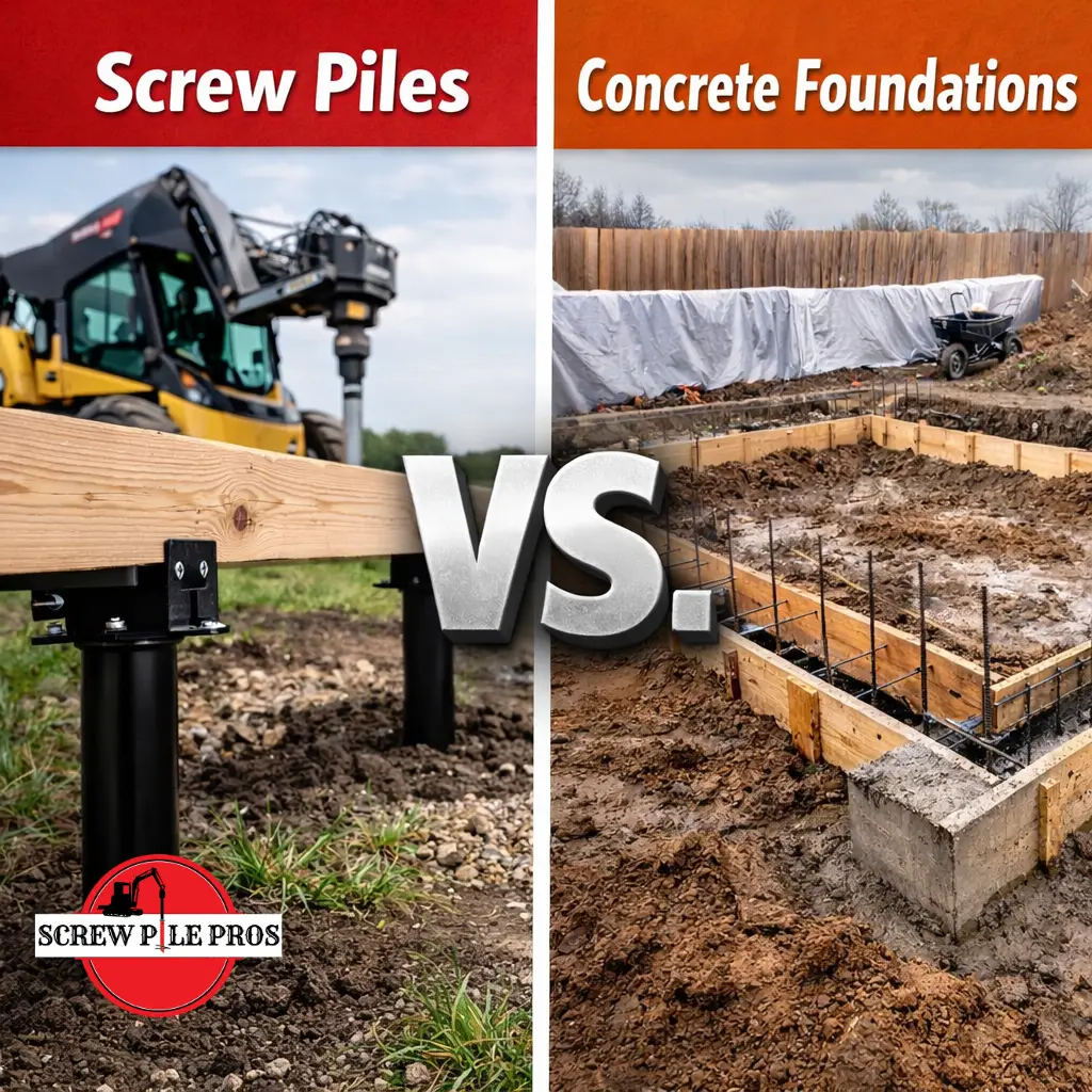 Screw piles vs concrete foundation comparison in Alberta showing helical piles installation beside traditional concrete footing excavation